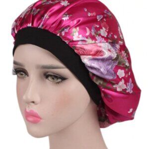 Hot Pink Floral Print Satin Silky Hair Bonnet with Elastic Band (Never Worn)